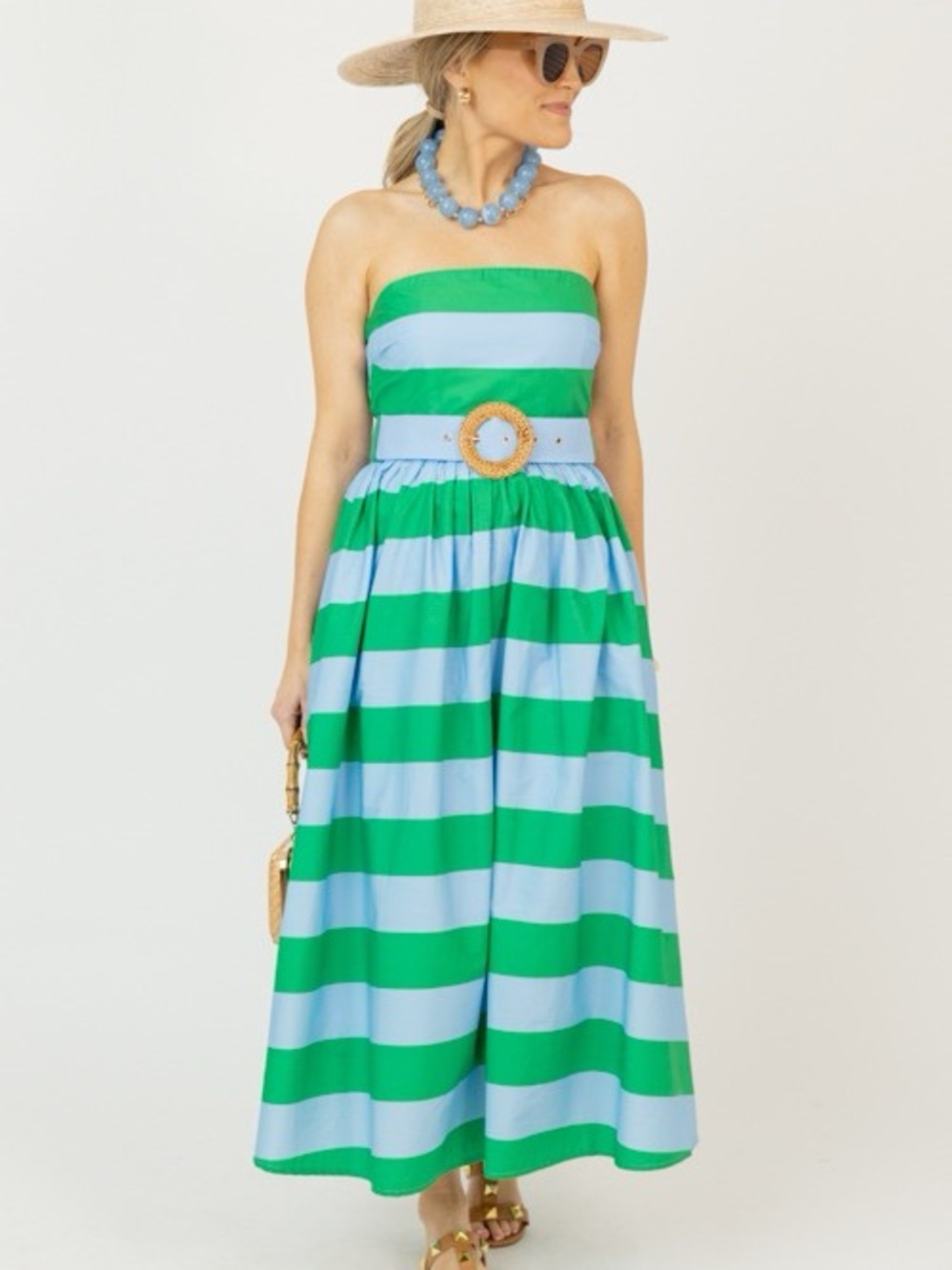 Striped Strapless Maxi Dress in Green & Light Blue